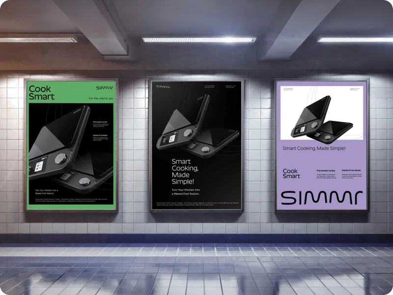 Simmr smart cooking product campaign displayed across three outdoor posters